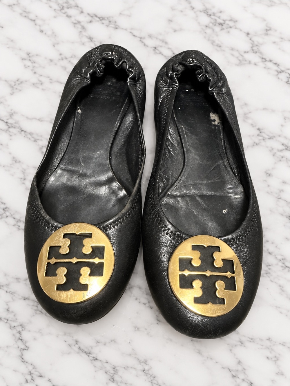 Tory Burch Black Leather Ballet Flats with Gold Logo Medallion